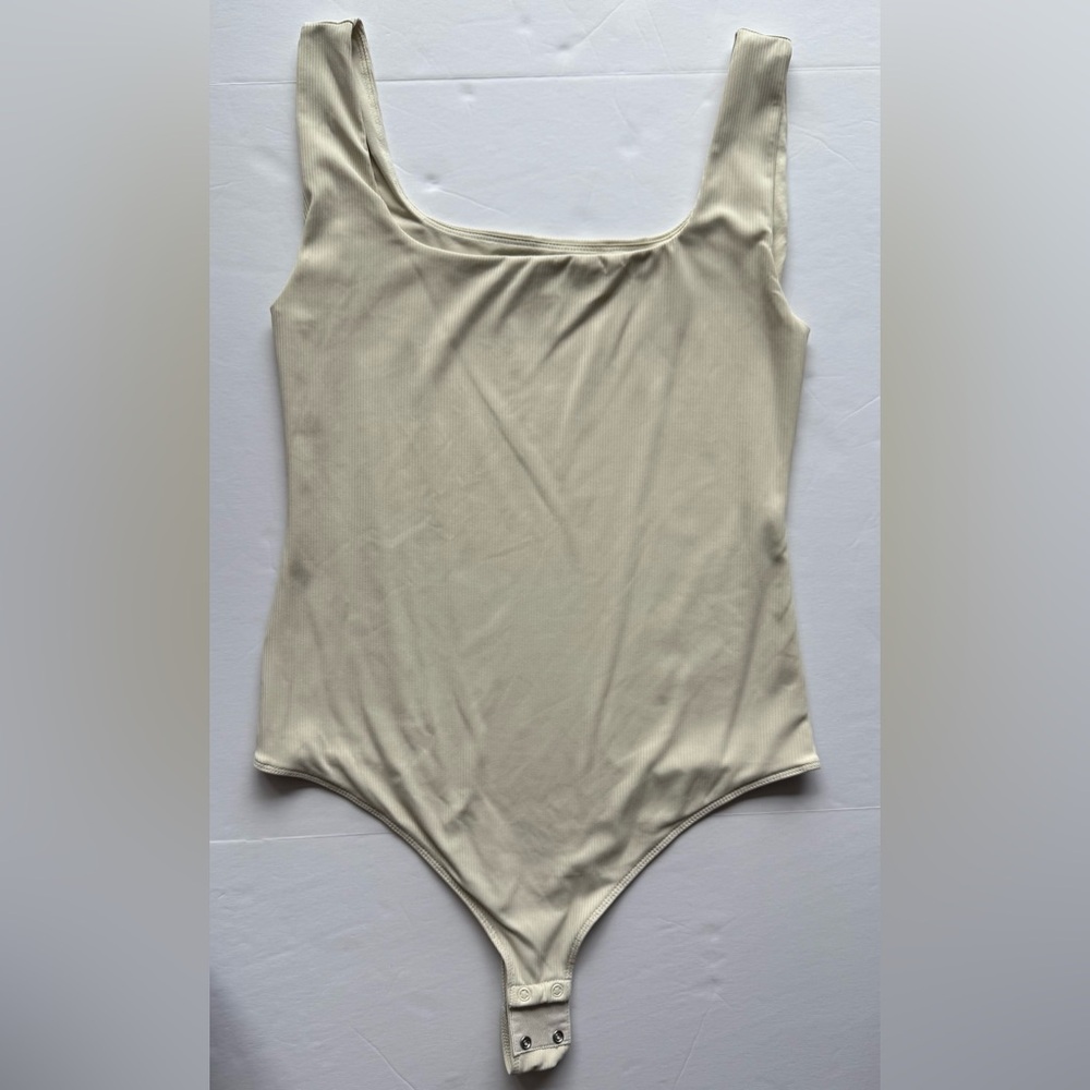 LOFT Versa Ribbed Square Neck Sleeveless Bodysuit Pure Pearl Size M